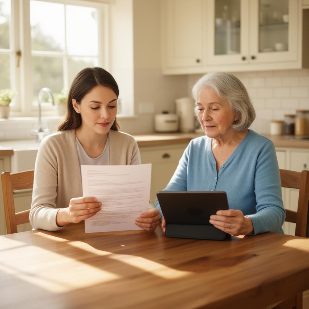 An adult daughter and her older mother sitting at a sunlit kitchen table, calmly reviewing a printed document and a tablet together.