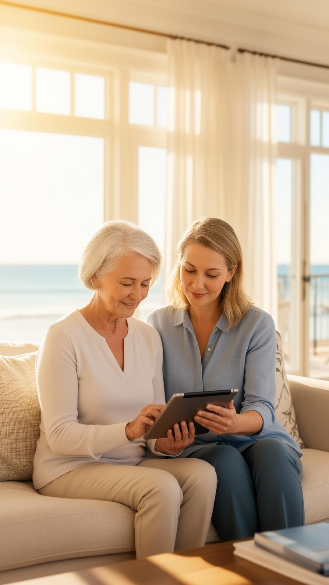 An older adult and her adult daughter sitting together in a bright, sunlit coastal home, calmly reviewing information on a tablet.