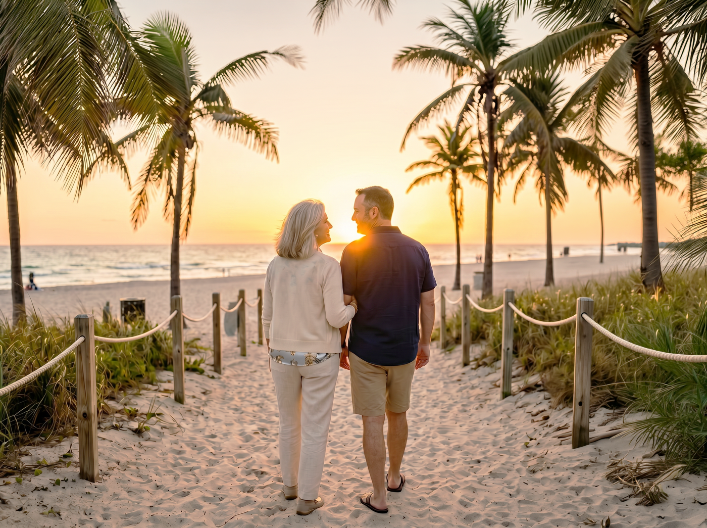 An older couple walking arm-in-arm along a palm-lined sandy path toward a glowing coastal sunrise.