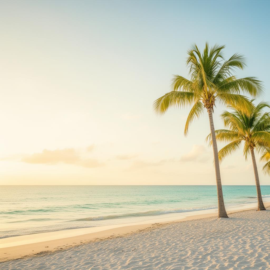 A bright, calm Palm Beach coastline at golden hour with palm trees and soft turquoise water.